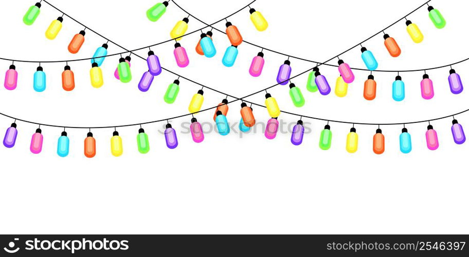 Cartoon garlands colored light bulbs. Party decoration. Rainbow color. Vector illustration. Stock image. EPS 10.. Cartoon garlands colored light bulbs. Party decoration. Rainbow color. Vector illustration. Stock image.