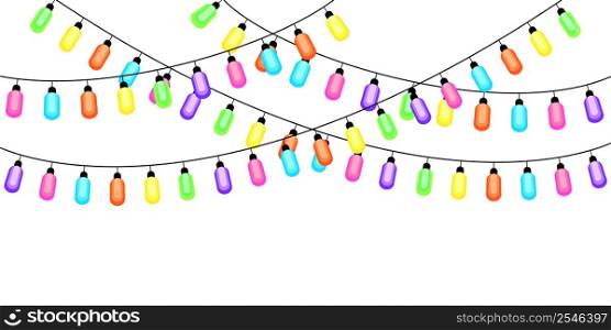 Cartoon garlands colored light bulbs. Party decoration. Rainbow color. Vector illustration. Stock image. EPS 10.. Cartoon garlands colored light bulbs. Party decoration. Rainbow color. Vector illustration. Stock image.