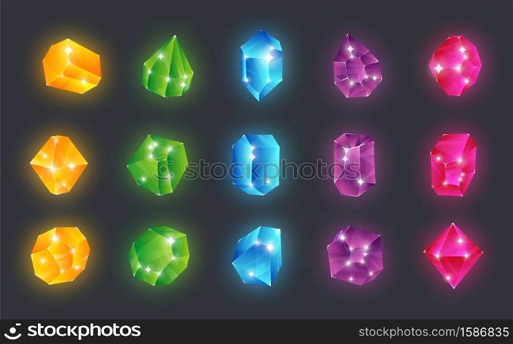Cartoon gem stones. Shiny glowing jewels. Pink, green, yellow and blue diamond decoration elements. Collection clear glass brilliants, magical goods. Vector crystal for computer video games set. Cartoon gem stones. Pink, green, yellow and blue diamond decoration elements, shiny glowing jewels. Collection clear glass brilliants. Vector magical crystal for computer video games set
