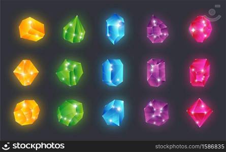 Cartoon gem stones. Shiny glowing jewels. Pink, green, yellow and blue diamond decoration elements. Collection clear glass brilliants, magical goods. Vector crystal for computer video games set. Cartoon gem stones. Pink, green, yellow and blue diamond decoration elements, shiny glowing jewels. Collection clear glass brilliants. Vector magical crystal for computer video games set