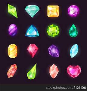 Cartoon gemstones, magic crystals, jewel stone, precious gems. Shiny magical stones for game design, diamond gem, jewelry crystal vector set. Multicolor objects of different shapes for gui game. Cartoon gemstones, magic crystals, jewel stone, precious gems. Shiny magical stones for game design, diamond gem, jewelry crystal vector set