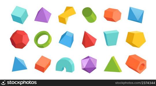 Cartoon geometric figures. 3D abstract shapes. Cylinder and pyramid. Minimal parallelepiped. Triangular and hexagonal prisms. Math and geometry education. Vector isolated colorful polygonal forms set. Cartoon geometric figures. 3D abstract shapes. Cylinder and pyramid. Minimal parallelepiped. Triangular and hexagonal prisms. Math and geometry. Vector colorful polygonal forms set