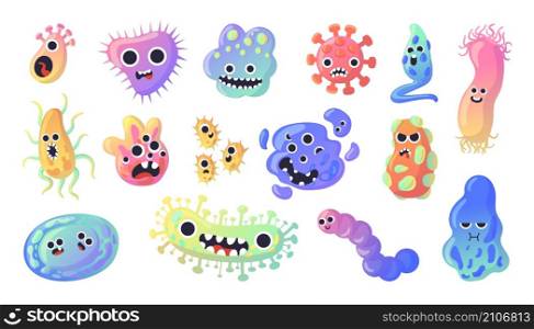 Cartoon germ character. Funny bacteria. Ameba cell. Flu virus and microbe with cute faces. Isolated colorful unicellular microorganisms. Microscopic viral monsters. Vector pathogen creatures set. Cartoon germ character. Funny bacteria. Ameba cell. Virus and microbe with cute faces. Isolated colorful unicellular microorganisms. Microscopic monsters. Vector pathogen creatures set