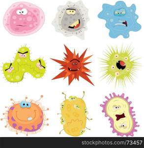 Cartoon Germs, Virus And Microbes. Illustration of a cartoon set of various funny microbes, germs, virus, amoeba and other scrimpy microscopic creatures