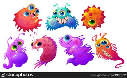 Cartoon germs, viruses, microbes and bacteria vector characters. Cute germs with funny faces, colorful cells with teeth and tongues. Smiling pathogen monsters with big eyes and outgrowths isolated set. Cartoon cute germs, viruses, microbes and bacteria