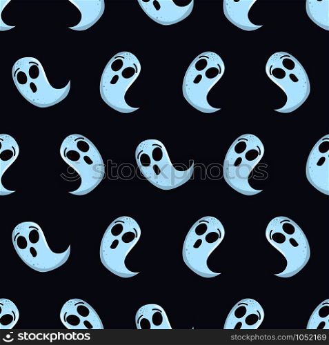 Cartoon ghost character on blue backdrop. Halloween seamless pattern for fabric, wallpaper, wrapping paper. Vector design.. Cartoon ghost character on blue backdrop.