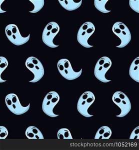 Cartoon ghost character on blue backdrop. Halloween seamless pattern for fabric, wallpaper, wrapping paper. Vector design.. Cartoon ghost character on blue backdrop.