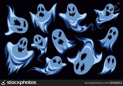 Cartoon ghost. Halloween night holiday characters. Creepy funny frightening spooky boo phantoms, mystery monsters vector white silhouette of creature set. Cartoon ghost. Halloween night holiday characters. Creepy funny frightening spooky boo phantoms, monsters vector set
