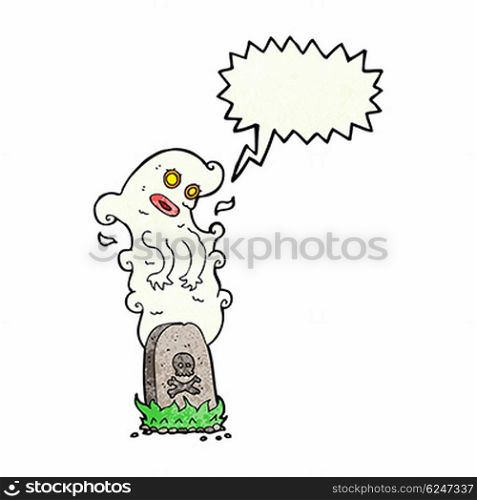 cartoon ghost rising from grave with speech bubble