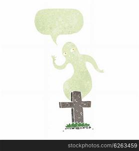 cartoon ghost rising from grave with speech bubble