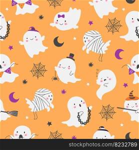 Cartoon ghost seamless pattern. Ghostly party texture, creepy horror funny ghosts and spider web. Cartoon halloween nowaday vector background. Illustration of pattern ghost halloween. Cartoon ghost seamless pattern. Ghostly party texture, creepy horror funny ghosts and spider web. Cartoon halloween nowaday vector background