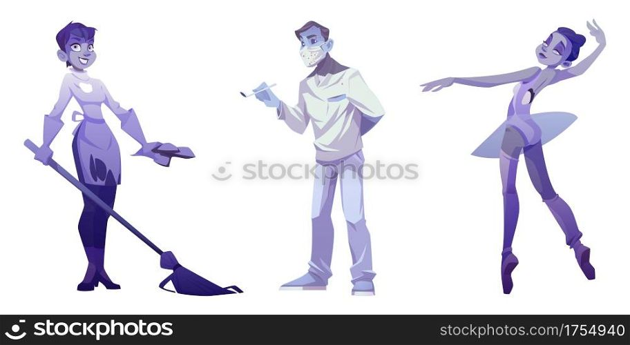 Cartoon ghosts dentist doctor with instrument and blood on mask, cleaning lady with broom and ballerina dancing, creepy Halloween dead characters isolated on white background, Vector illustration. Cartoon ghosts dentist doctor, ballerina, cleaning
