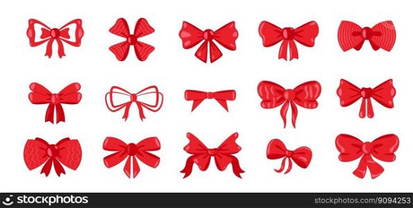Cartoon gift bows. Decorative bowknot with ribbons for wrapping present package, cute bowtie tape for holiday celebration decor. Vector flat set of bowknot for present gift illustration. Cartoon gift bows. Decorative bowknot with ribbons for wrapping present package, cute bowtie tape for holiday celebration decor. Vector flat set