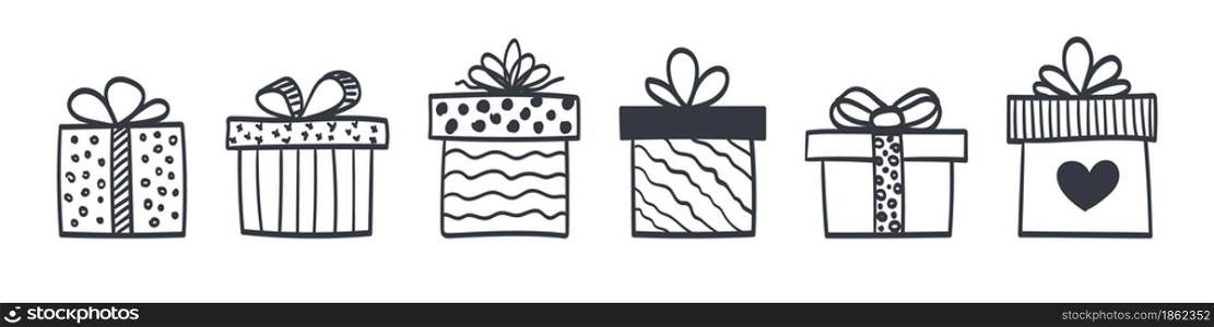 Cartoon gift boxes. Set of hand drawn gift boxes. Vector illustration