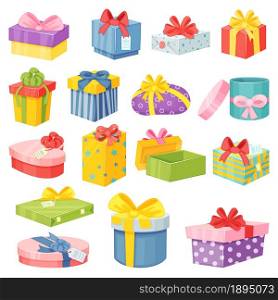 Cartoon gift boxes, wrapped present packages with bows. Colorful presents in various shapes for birthday or christmas celebration vector set. Greeting cartons with ribbons for holidays. Cartoon gift boxes, wrapped present packages with bows. Colorful presents in various shapes for birthday or christmas celebration vector set
