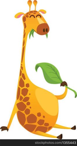 Cartoon giraffe character. Vector illustration pretty giraffe eating a leaf and smiling. Great for sticker print or design