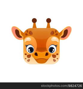 Cartoon giraffe kawaii square animal face, african baby giraffe, cute little cub portrait. Isolated vector character, safari or zoo avatar personage. App button, icon, graphic design element. Cartoon giraffe kawaii square baby animal face