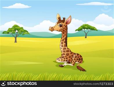 Cartoon giraffe sitting in the jungle