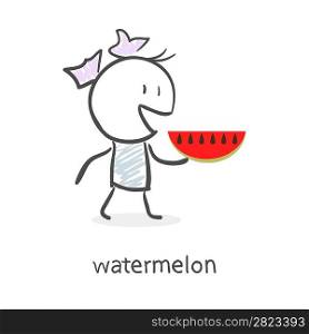 Cartoon girl and watermelon