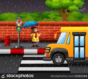 Cartoon girl carrying umbrella under the rain on the roadside