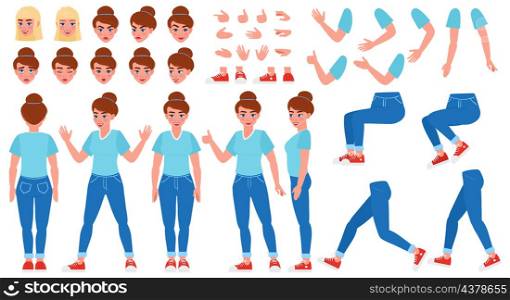 Cartoon girl character creation constructor with poses and facial expressions. Woman character body parts creation elements vector illustration set. Girl poses construction, walking and sitting legs. Cartoon girl character creation constructor with poses and facial expressions. Woman character body parts creation elements vector illustration set. Girl poses construction