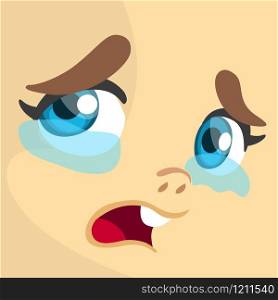 Cartoon girl crying expression face avatar. Cute cartoon vector girl face expressions set
