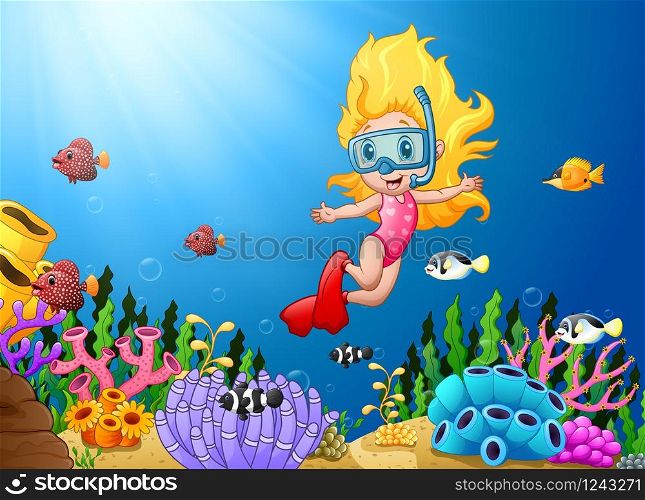 Cartoon girl diving in the sea