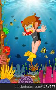 Cartoon girl diving in the sea