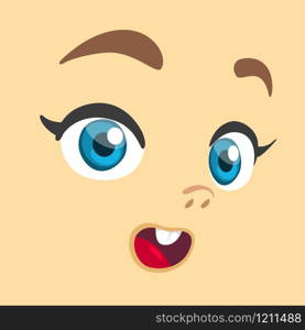 Cartoon girl exciting avatar face. Cute cartoon vector girl face expressions