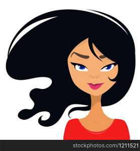 Cartoon girl face portrait with curly black haircut . Top-model girl face avatar. Vector illustration