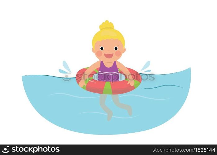 Cartoon girl floats on a rubber ring. Little girl swimmer in the swimming pool or sea, kids physical activity. Summer vacation background. Flat vector illustration