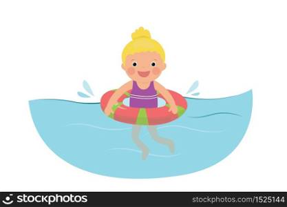 Cartoon girl floats on a rubber ring. Little girl swimmer in the swimming pool or sea, kids physical activity. Summer vacation background. Flat vector illustration