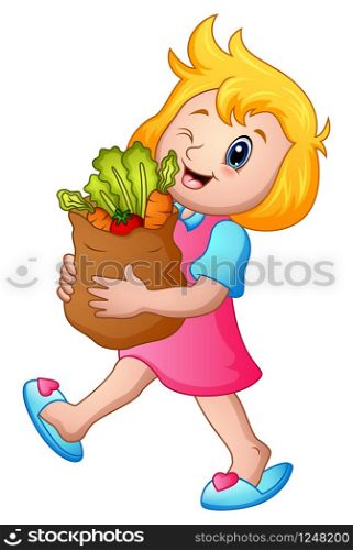 Cartoon girl holding paper bag of groceries with healthy vegetables