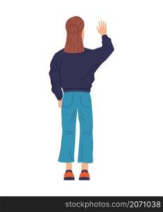 Cartoon girl in jeans standing with her back. Cute teenager in casual clothing. Isolated young woman raising hand. Backside view on person greeting waving arm. Vector female character in sweater. Cartoon girl in jeans standing with her back. Teenager in casual clothing. Young woman raising hand. Backside view on person greeting waving arm. Vector female character in sweater