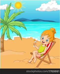 Cartoon girl in swimsuit sunbathing at the beach