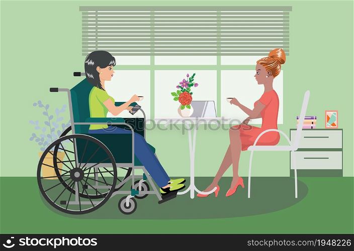 Cartoon girl in wheelchair drink coffee with her friend illustration.