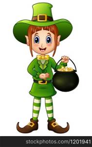 Cartoon girl leprechaun holding a pot of gold