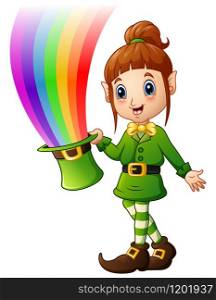 Cartoon girl Leprechaun holding hat with magic rainbow