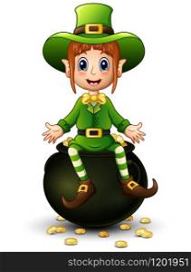 Cartoon girl leprechaun sitting on pot of gold
