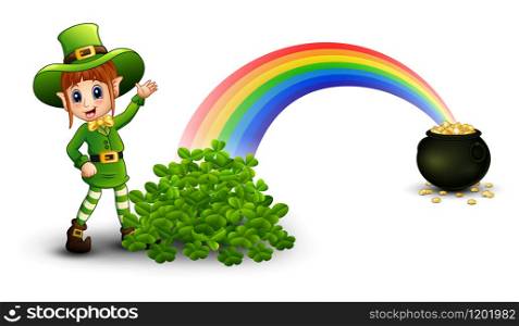 Cartoon girl leprechaun standing near the rainbow with pot full of golden coins and clovers