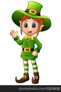 Cartoon girl leprechaun waving hand