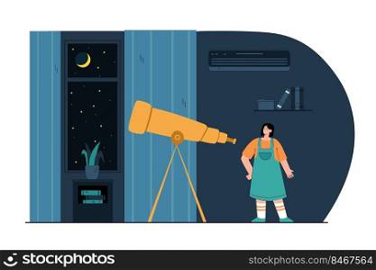 Cartoon girl looking through telescope in room at night. Cute kid watching moon and stars flat vector illustration. Astronomy, space, education concept for banner, website design or landing web page