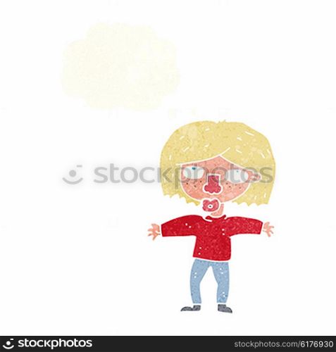 cartoon girl looking upwards with thought bubble