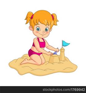Cartoon girl making sand castles on a beach