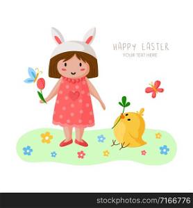 Cartoon girl on Easter Day, happy kid in holiday rabbit costume and pink dress, flowers and chicken on green spring medow, cute cartoon greeting card, poster, print - vector illustration. cartoon easter day set