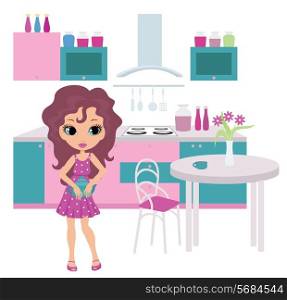 Cartoon girl on kitchen bears a teapot
