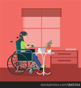 Cartoon girl on wheelchair with smartphone and cup of coffee.