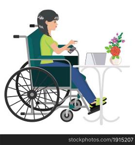 Cartoon girl on wheelchair with smartphone and cup of coffee.