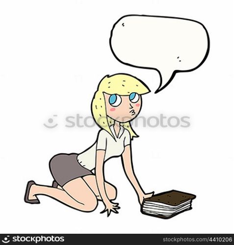 cartoon girl picking up book with speech bubble
