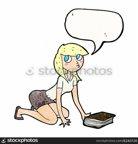 cartoon girl picking up book with speech bubble